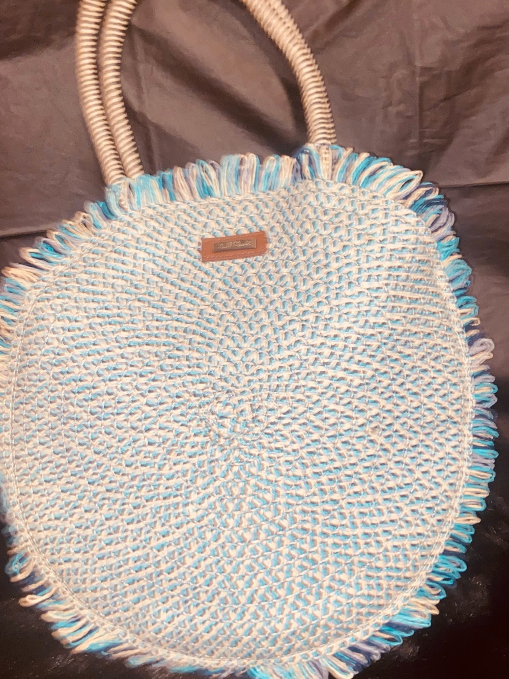 Handwoven Light Blue Fringe Round Tote Bag